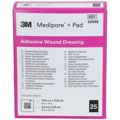 3566E - 3M Medipore + Pad Soft Cloth Adhesive Wound Dressing Size: 10cm x 10cm  (4" x 4")