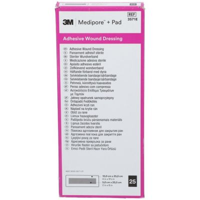 3571E - 3M Medipore + Pad Soft Cloth Adhesive Wound Dressing, Size: 10cm x 25cm  (4" x 10")